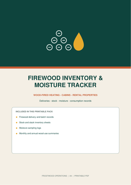 Frostwood Firewood Inventory and Moisture Tracker printable PDF