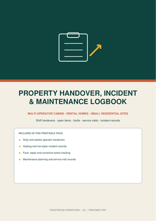 Frostwood Property Handover Incident and Maintenance Logbook printable PDF