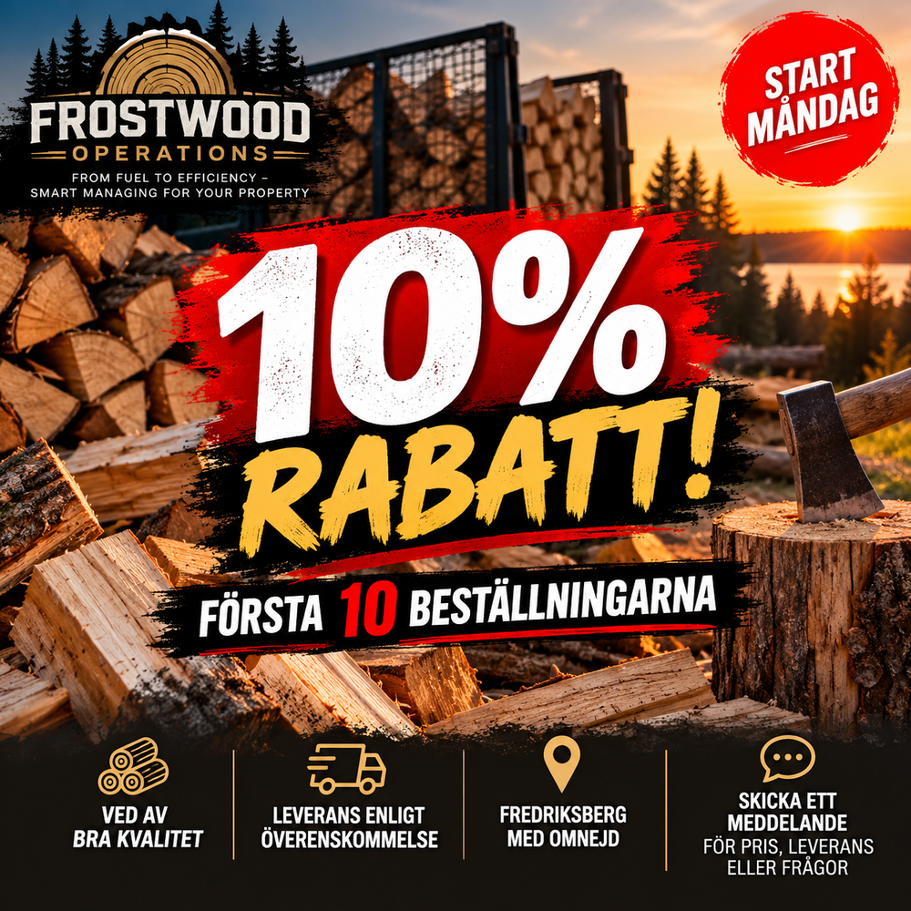 Frostwood Operations vedkampanj – 10 procent rabatt för de första 10 nya kunderna, start 12 oktober 2026.
