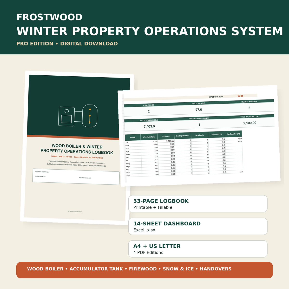Frostwood Winter Property Operations System Pro digital download with logbook and Excel dashboard