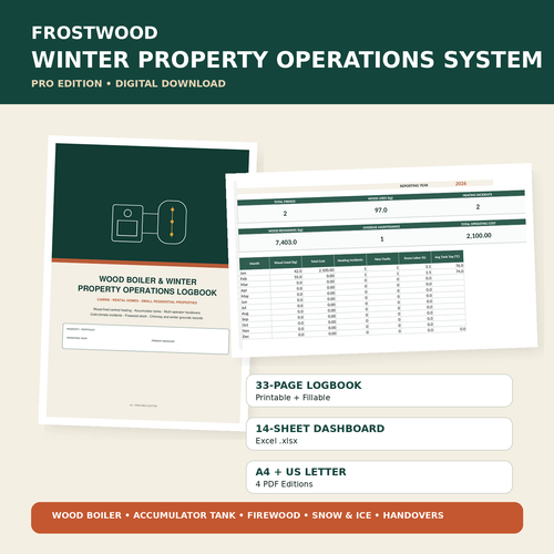 Frostwood Winter Property Operations System Pro digital download with logbook and Excel dashboard